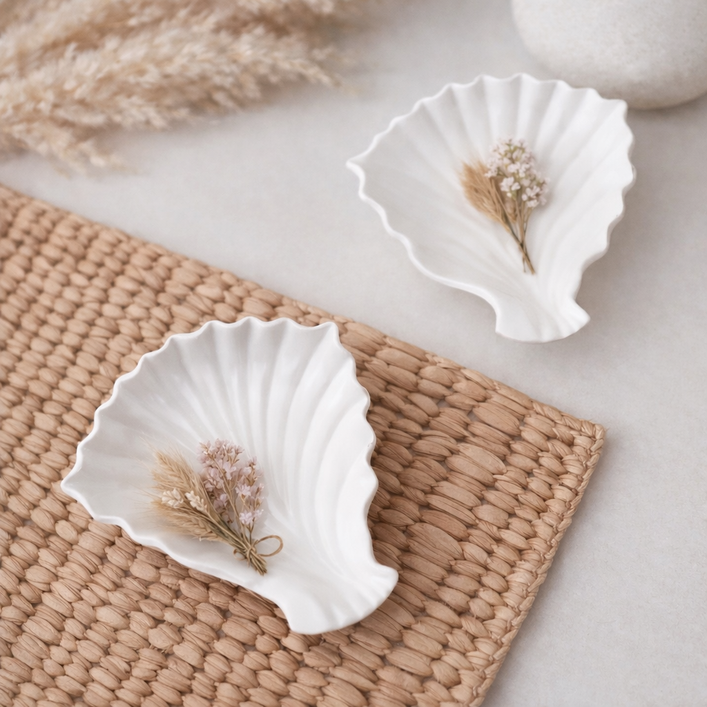 Deniz kabuğu formunda dekoratif sunumluk silikon kalıp kuru çiçekli